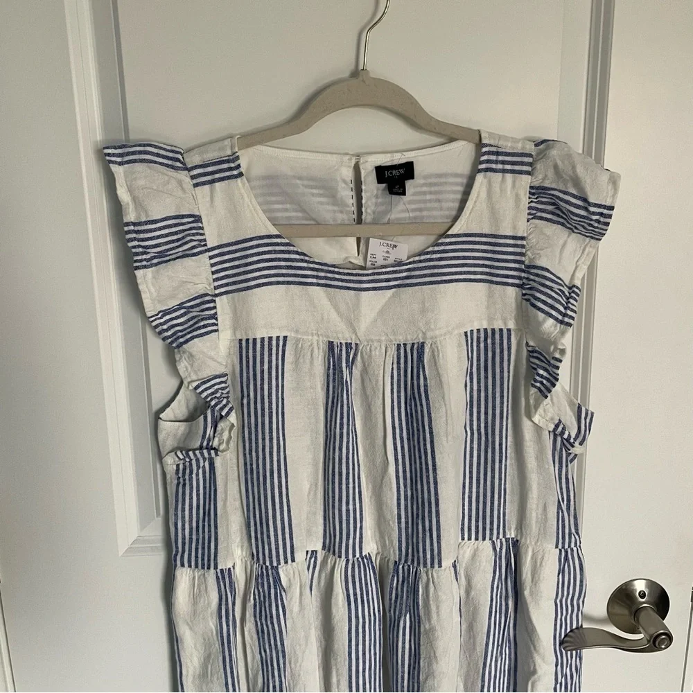 New! J Crew Linen-blend striped mini dress  Ivory Brilliant Blue 18988